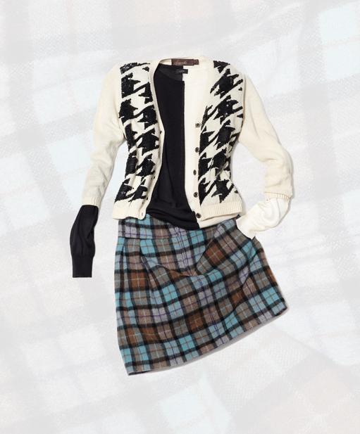 Samantha Sung sequin hounds tooth cardigan, $463. Joseph cashmere color block sweater, $395. L'Autre Chose plaid skirt, $269.